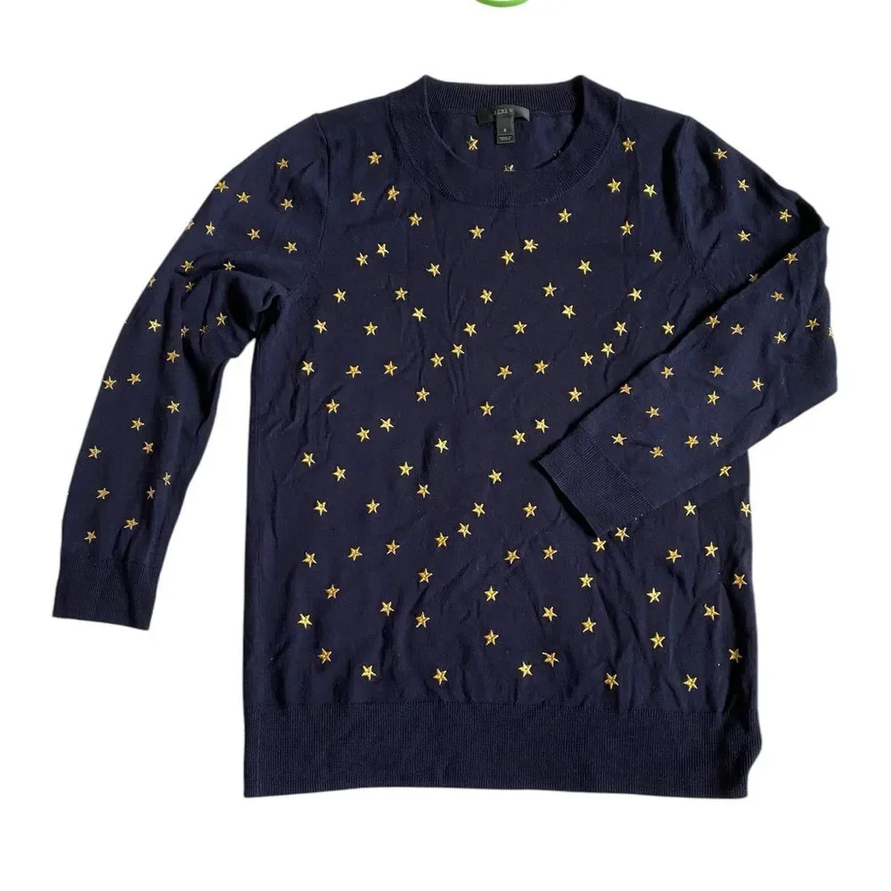 J. Crew Star Embroidered Merino Wool Sweater Women's S Navy Lightweight Preppy